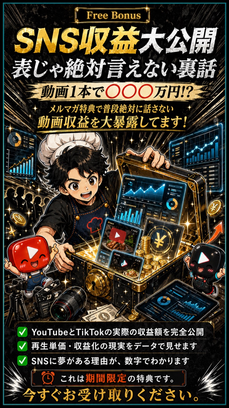 登録特典「SNS収益大公開」の案内。動画1本でYouTubeとTikTokから得られた収益額を完全公開し、再生単価と収益化の現実をデータで見せる、という内容